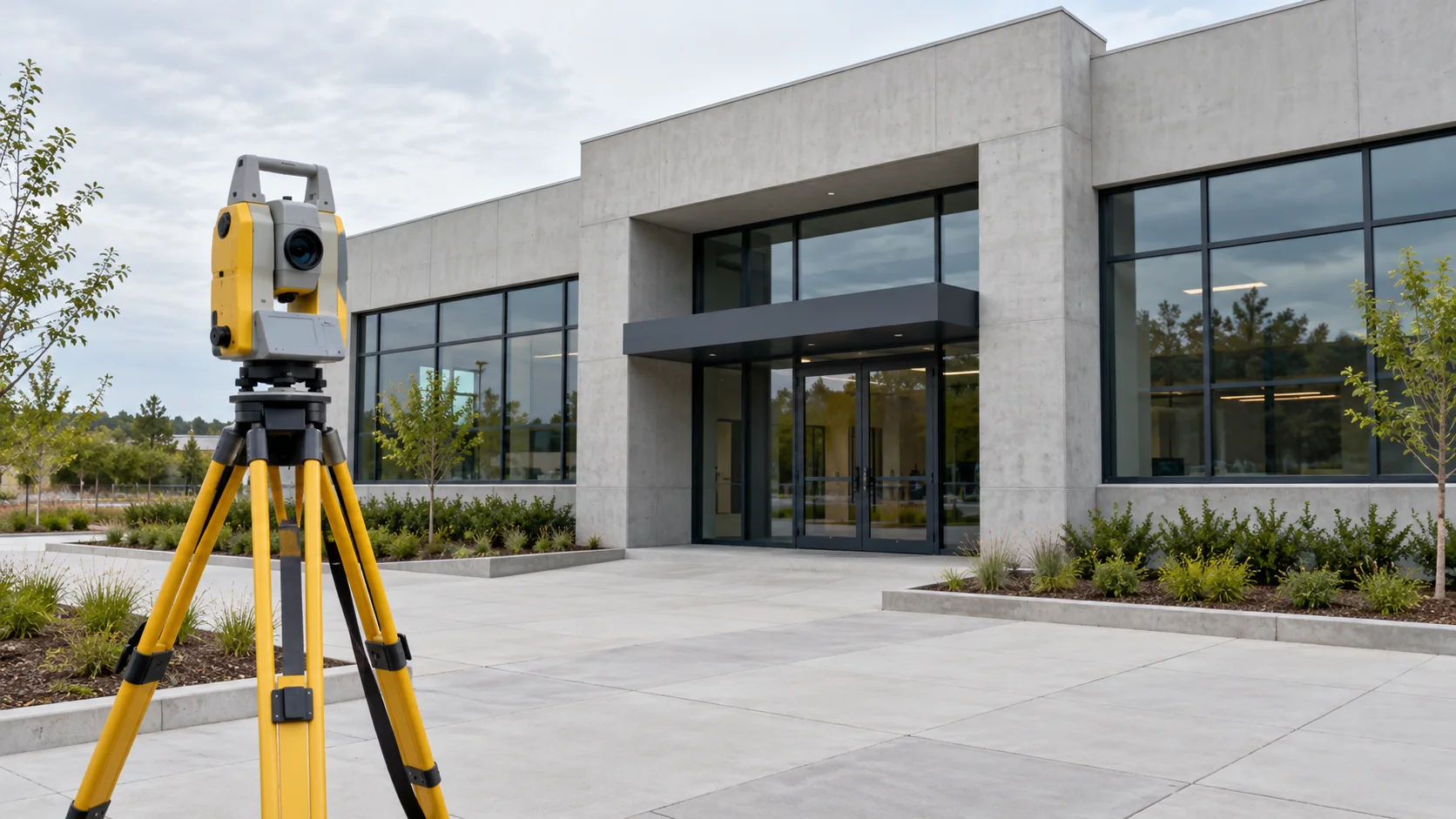 AI-generated editorial image of a survey tripod outside a newly completed concrete building.