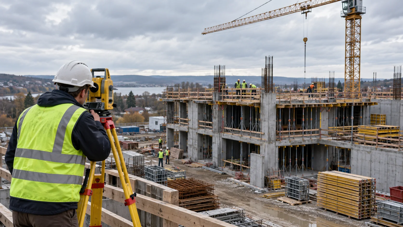 AI illustration of survey equipment overlooking a building site.
