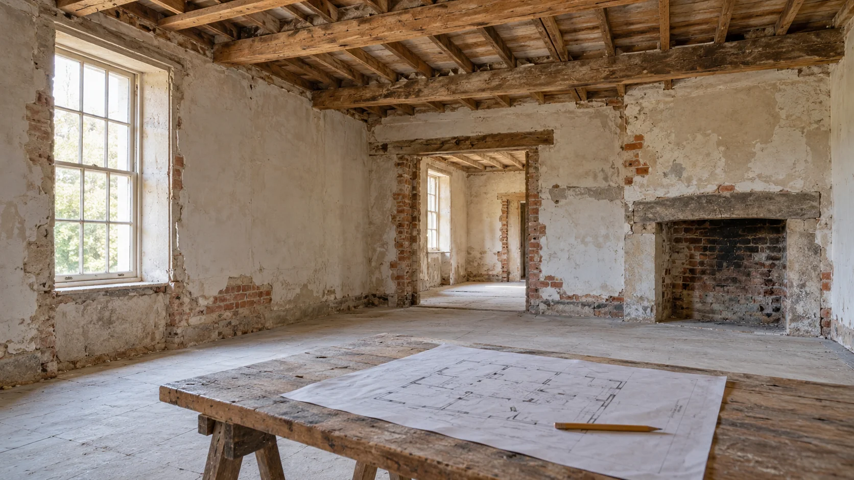 AI-generated editorial image of an old interior with exposed beams and a printed renovation plan.