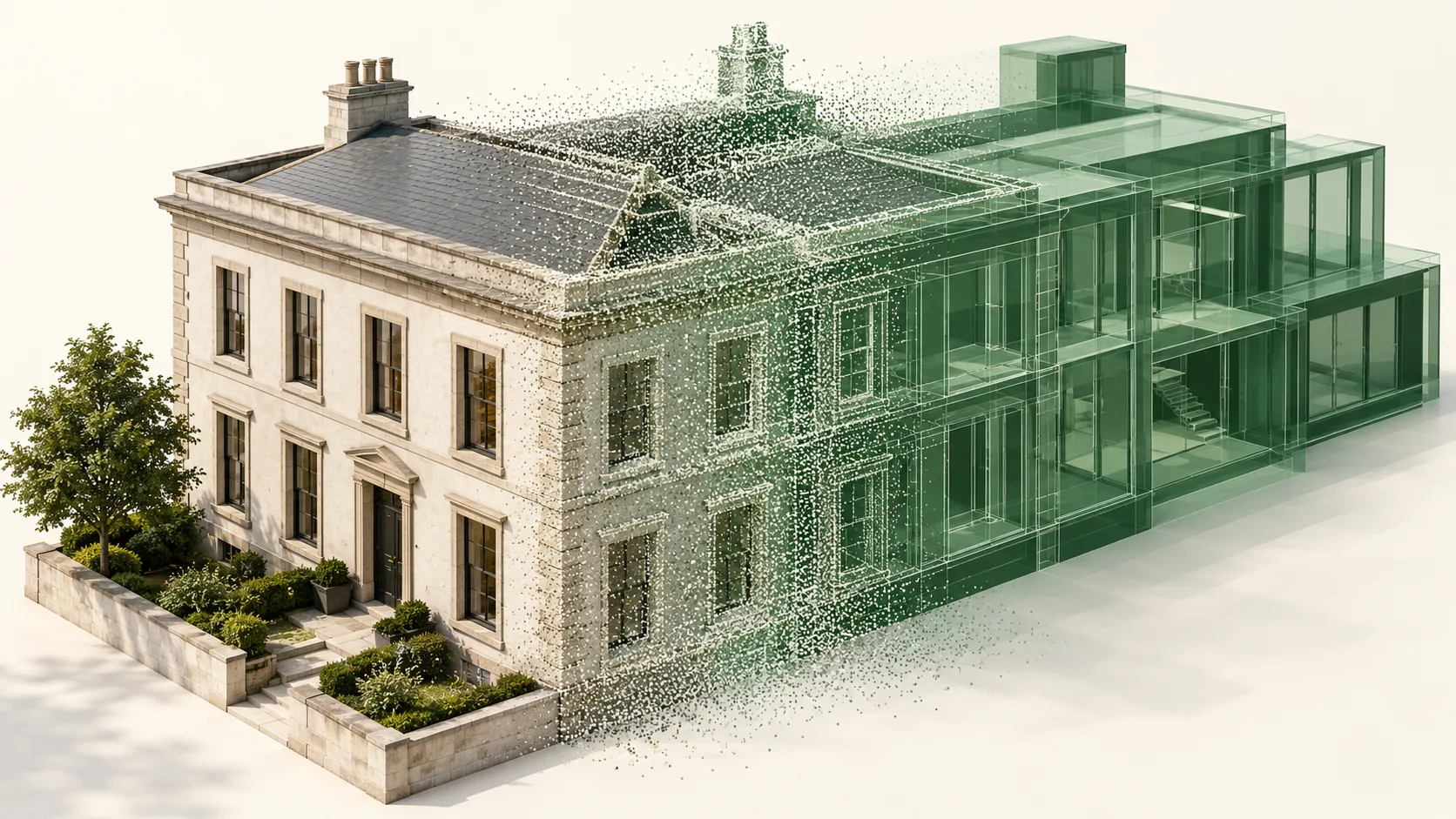 AI illustration of an existing building transitioning through a point cloud into a BIM model.