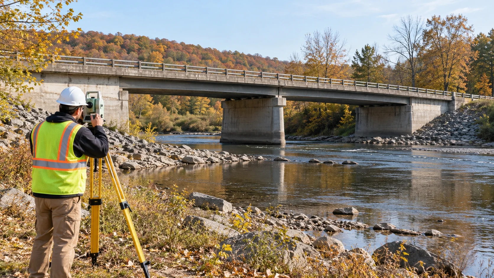 AI illustration of survey observations at a concrete bridge.