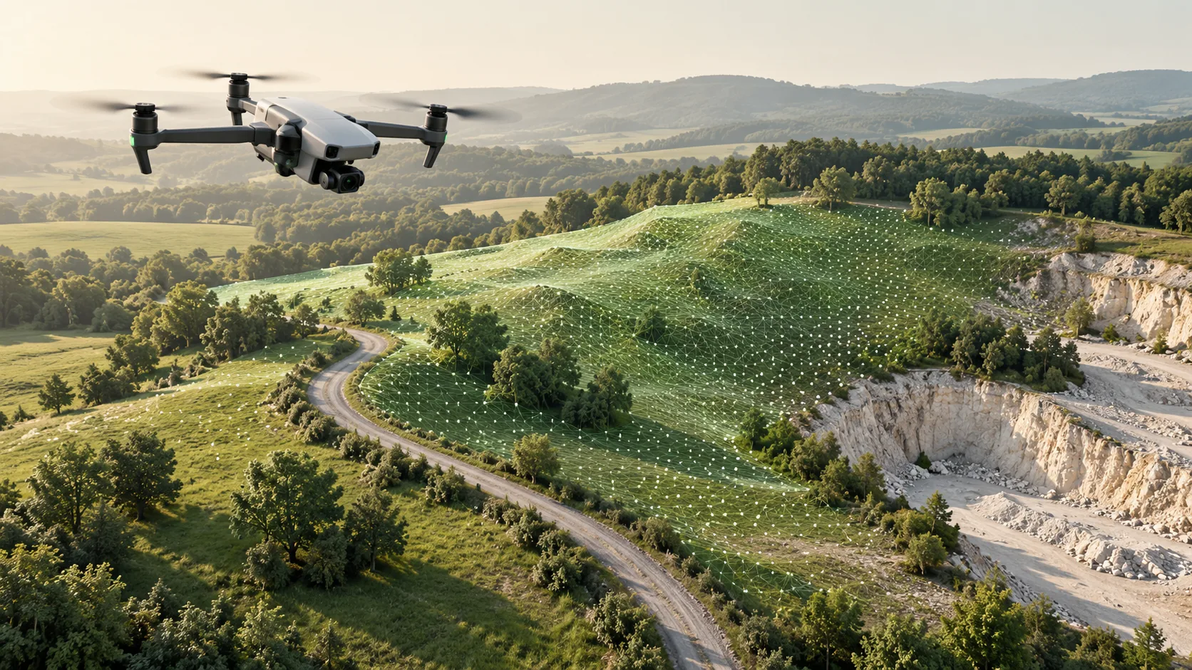 AI illustration of a surveying drone mapping rolling terrain into a digital surface.