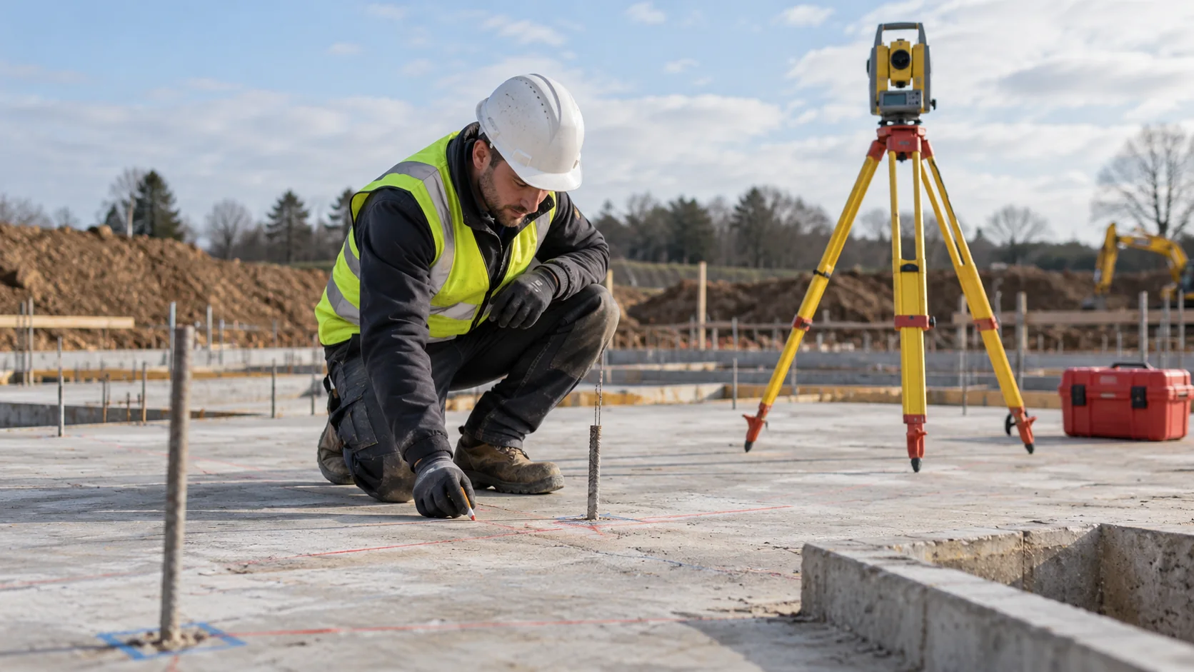 AI illustration of survey control and setting-out work on a foundation slab.