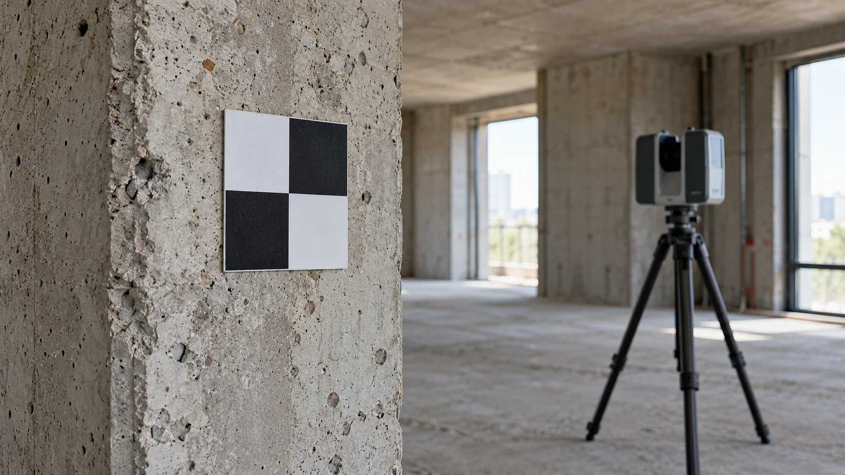 AI-generated editorial image of a checkerboard survey target on a concrete column with a scanner farther inside the room.