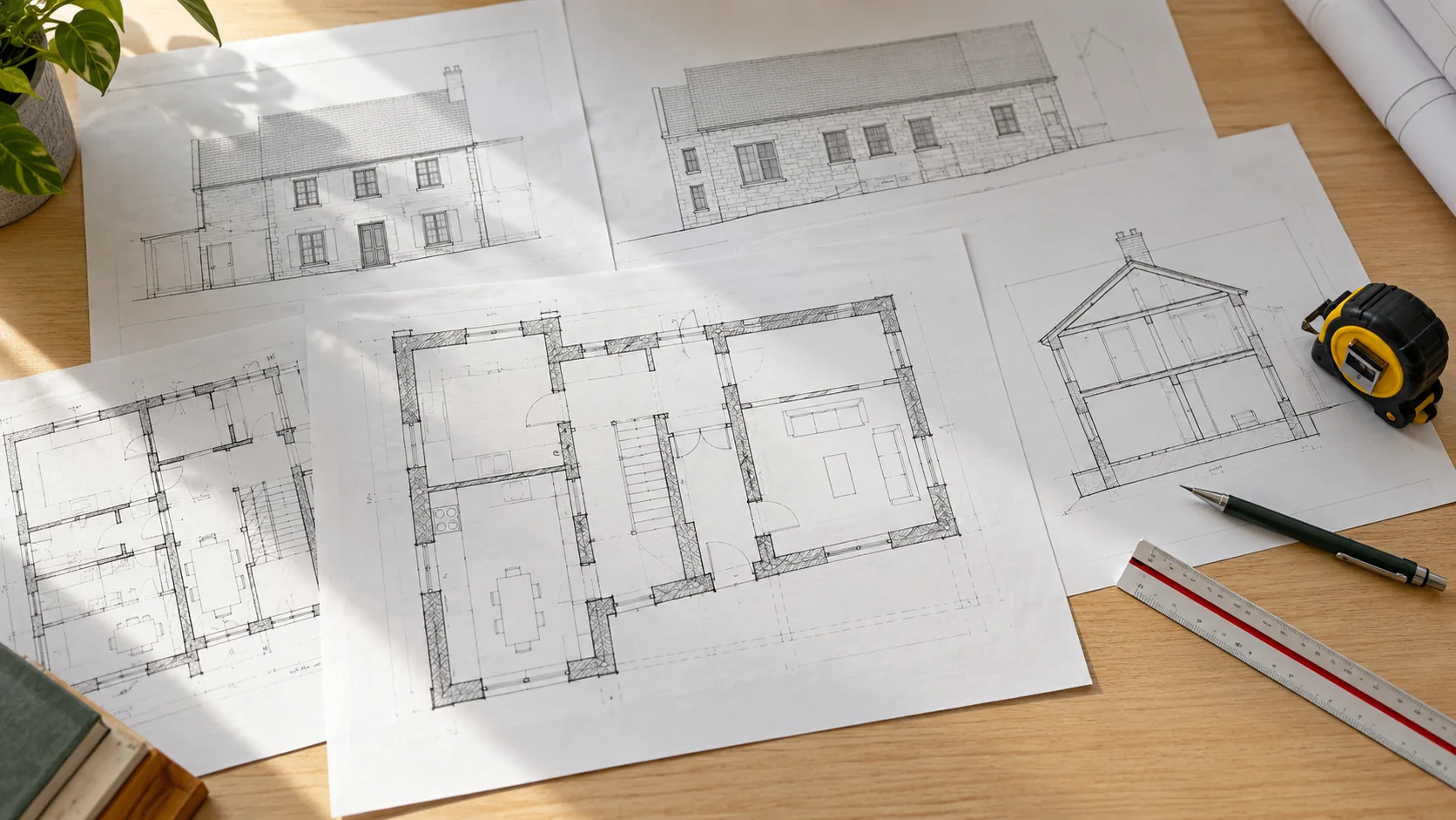 AI-generated editorial image of measured plan and elevation sheets with a tape measure on a drafting table.