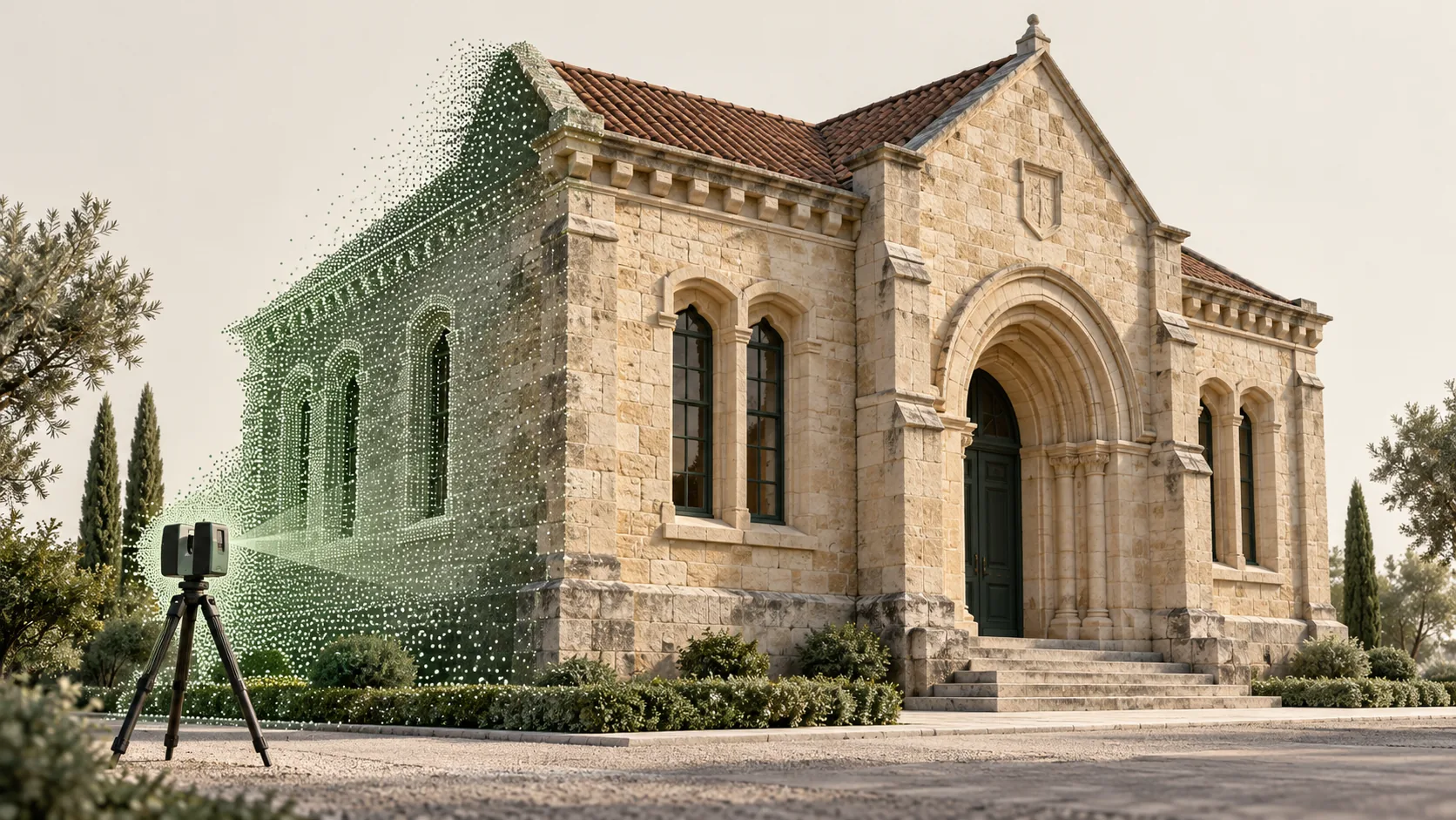 AI illustration of a historic masonry building being documented with a laser scanner.
