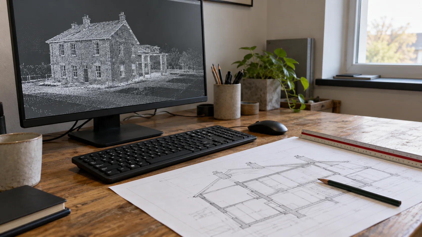 AI-generated editorial image of a survey workstation with a monochrome point cloud and a paper section drawing.