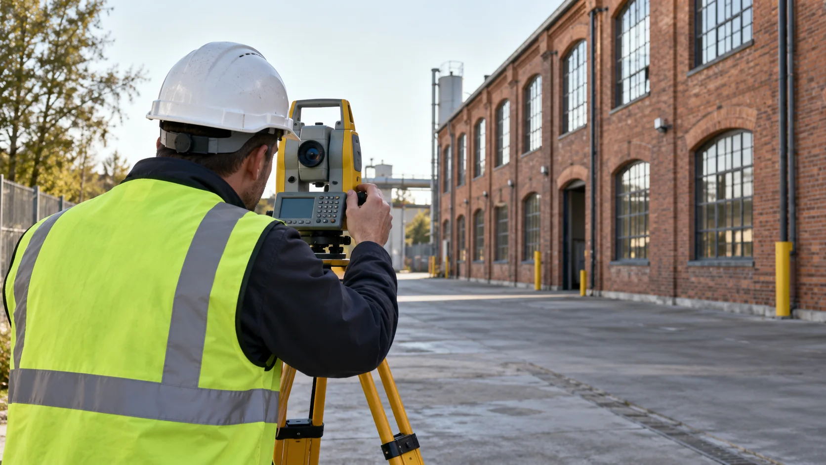AI illustration of repeated survey measurements beside a brick building.