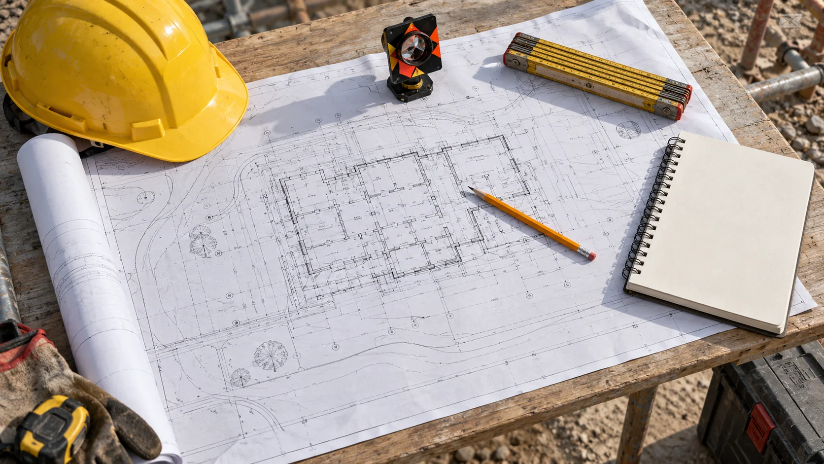 AI illustration of a survey monitoring plan and equipment on a desk.
