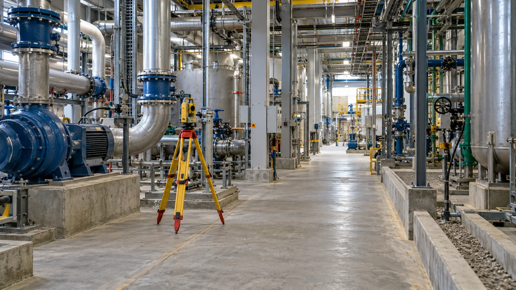 AI illustration of survey equipment in an industrial plant aisle.