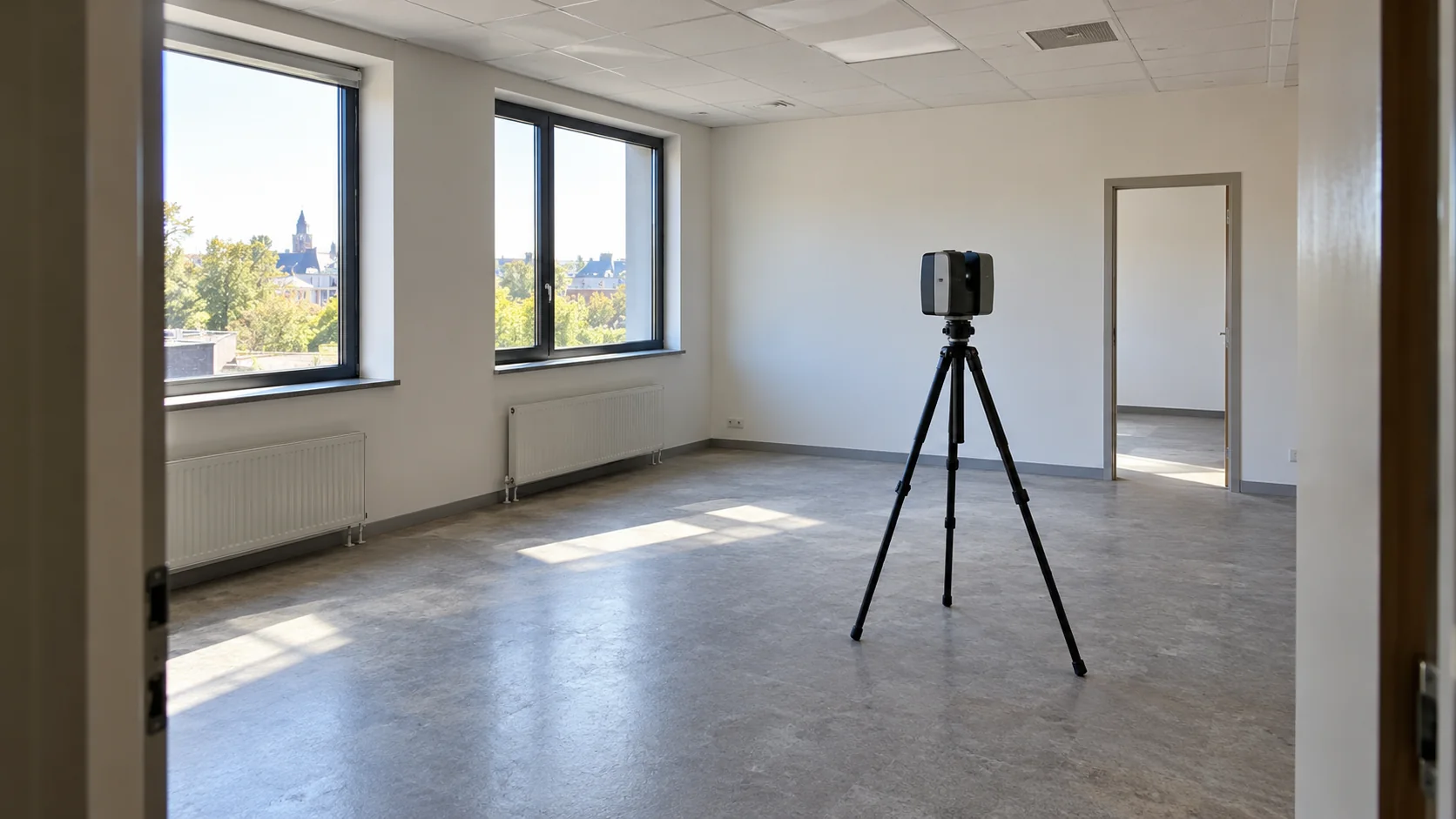 AI-generated editorial image of a tripod laser scanner inside a simple empty office.