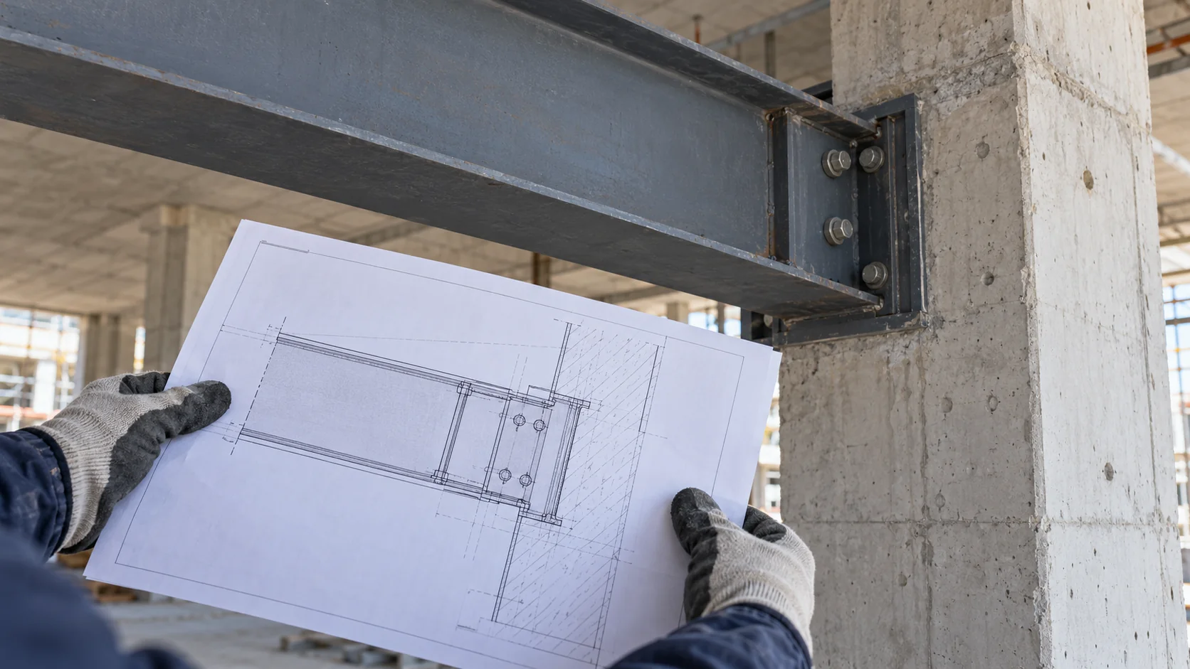 AI-generated editorial image of gloved hands comparing a printed section with an installed steel beam.