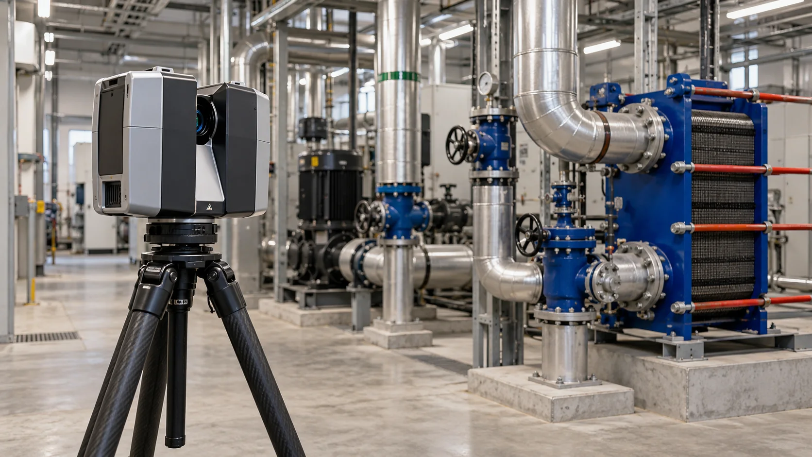 AI illustration of a laser scanner in a mechanical plant room.