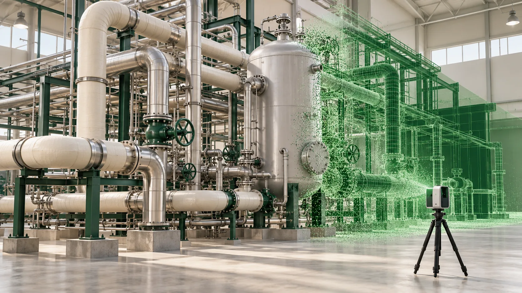 AI illustration of industrial pipework transitioning from physical surfaces to digital scan geometry.