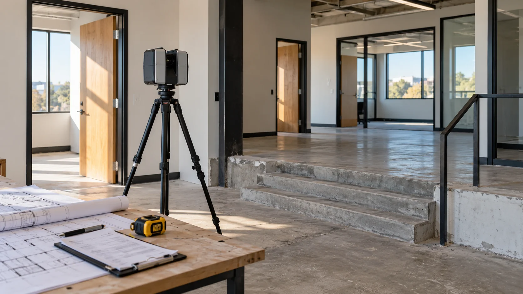 AI illustration of a measured building survey in an office interior.