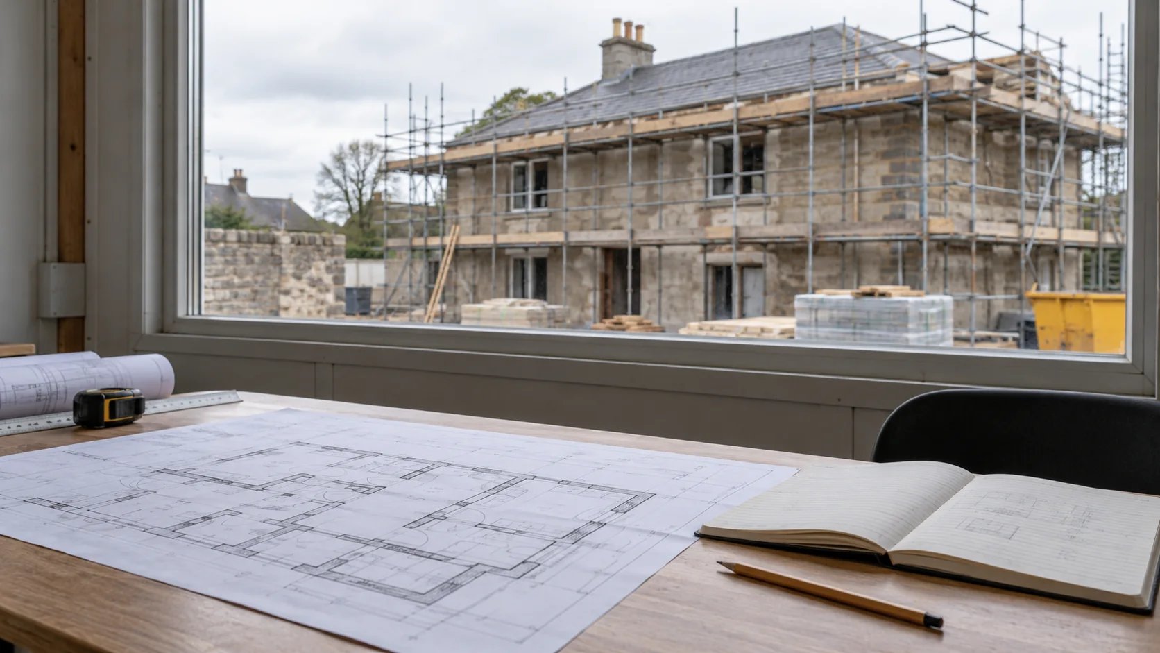AI-generated editorial image of a floor plan and notebook overlooking a modest renovation site.