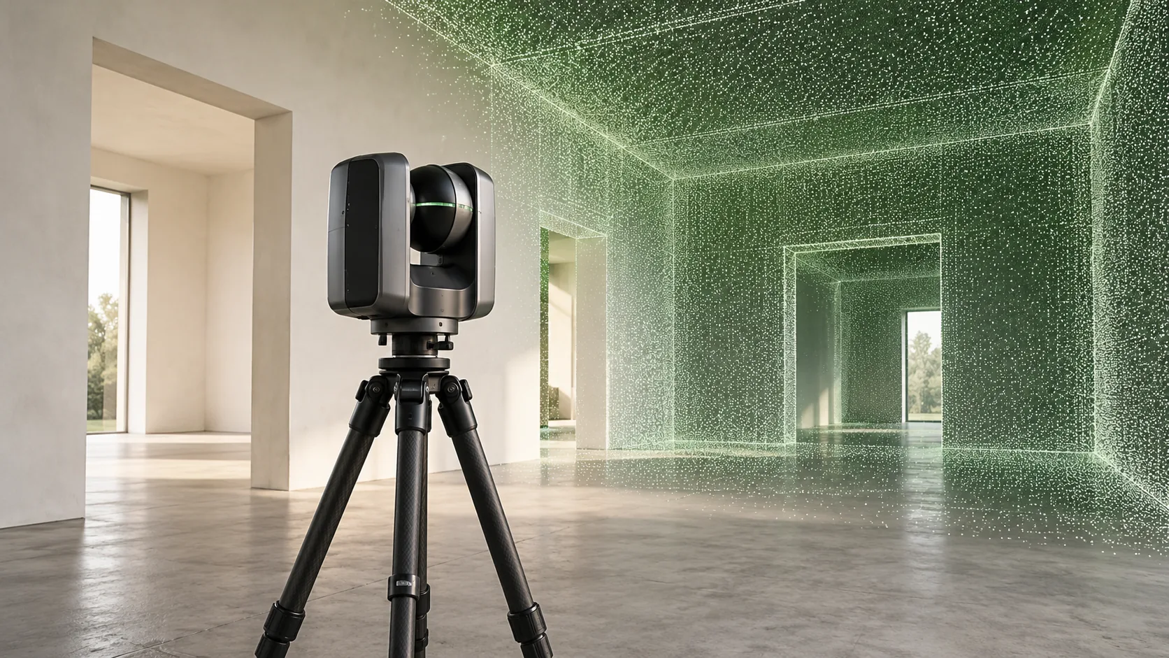 AI illustration of a tripod laser scanner capturing a building interior as a point cloud.