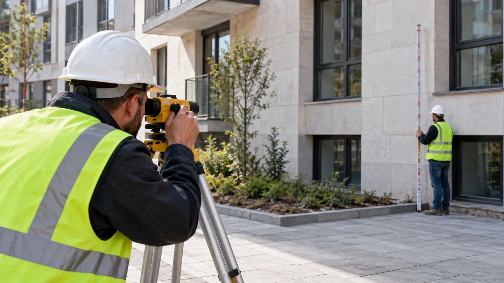 AI illustration of level measurements beside an existing building.