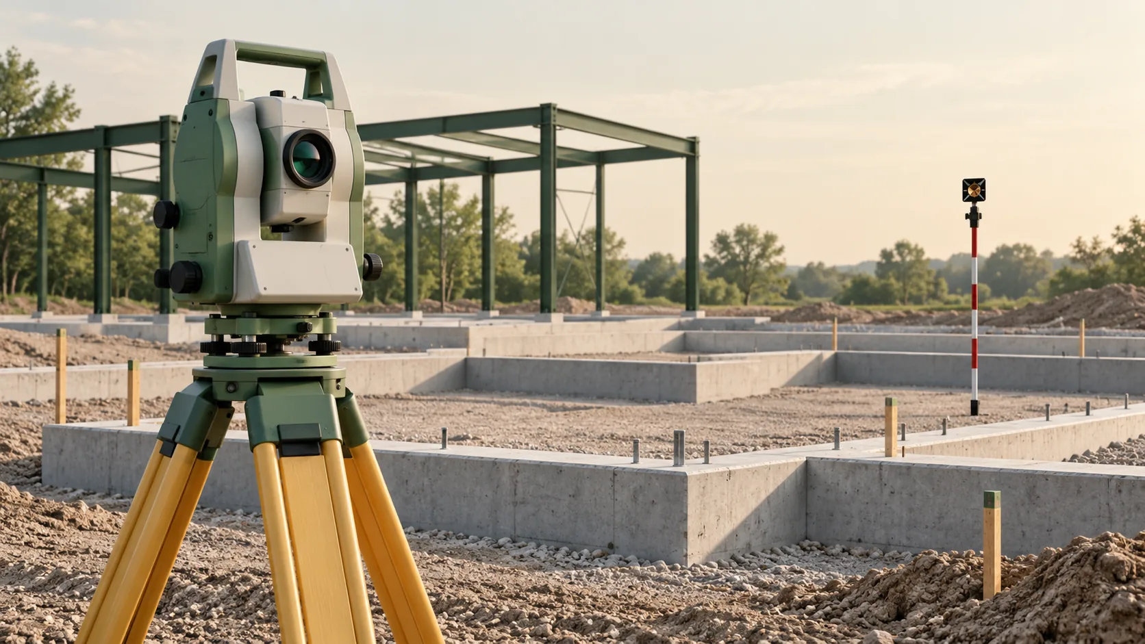 AI illustration of a total station and survey prism on a construction site.