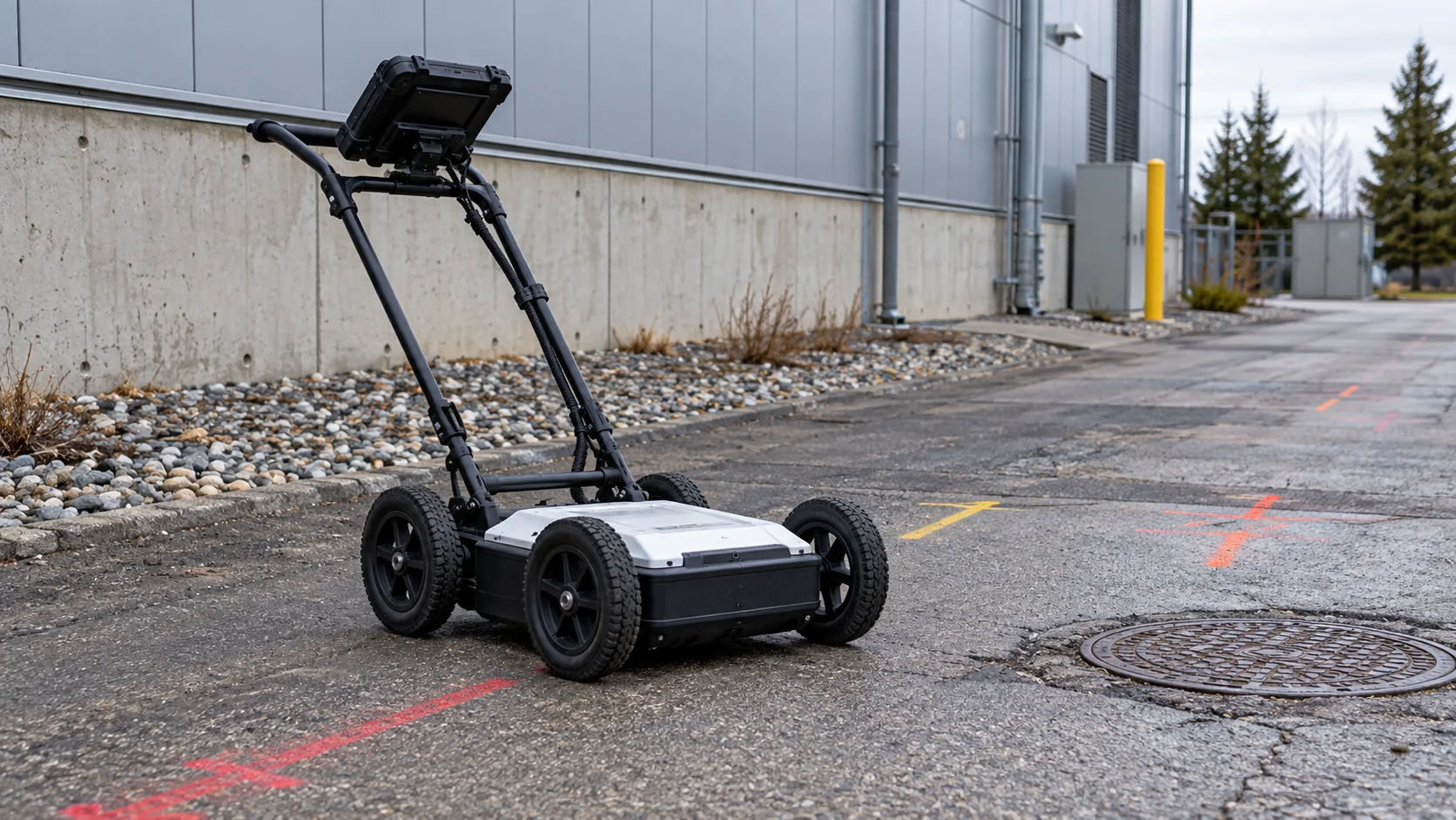 AI-generated editorial image of wheeled ground-penetrating radar on a paved utility corridor.