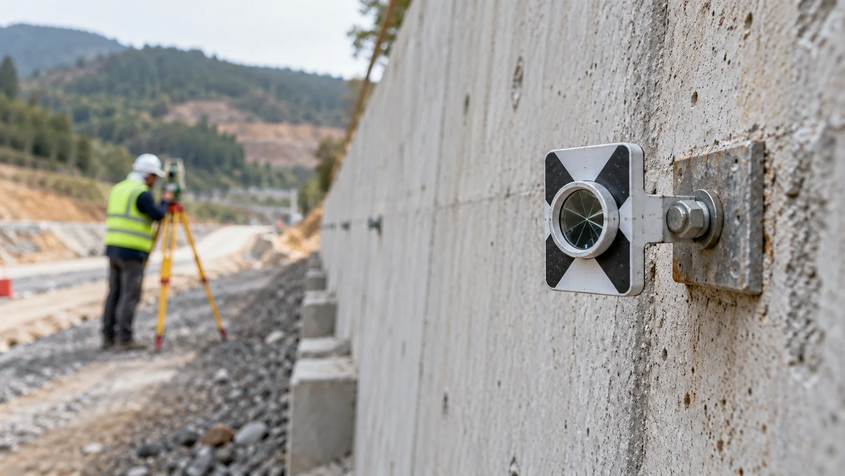 AI illustration of a survey target on a concrete retaining wall.