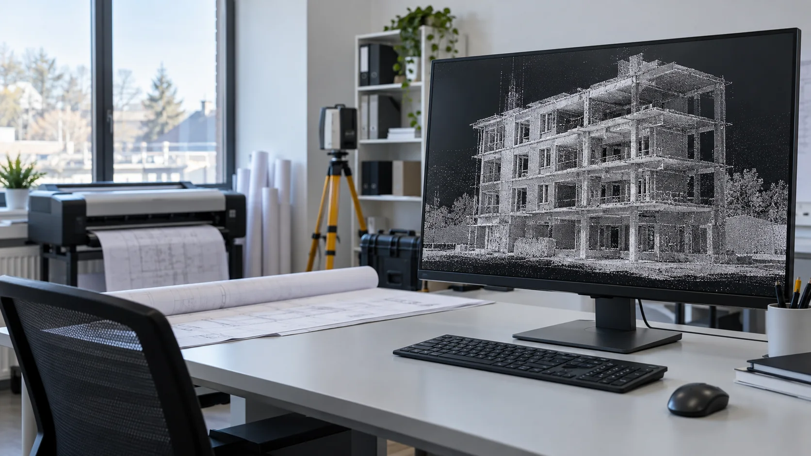 AI-generated editorial image of a survey office workstation displaying a greyscale building point cloud.