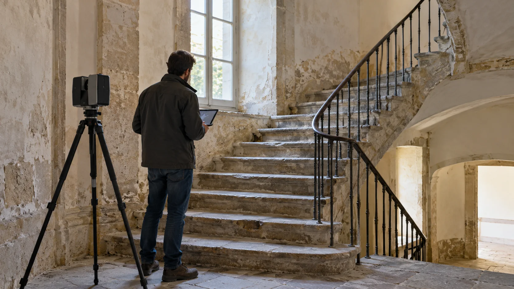 AI-generated editorial image of an architect inspecting an old staircase beside a tripod scanner.