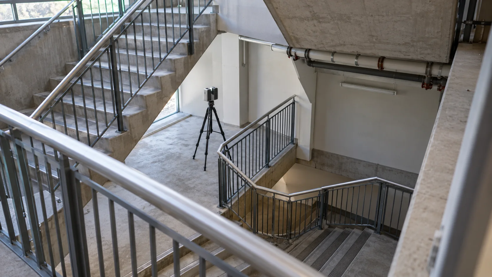 AI-generated editorial image of a scan survey setup in a complex commercial stairwell.