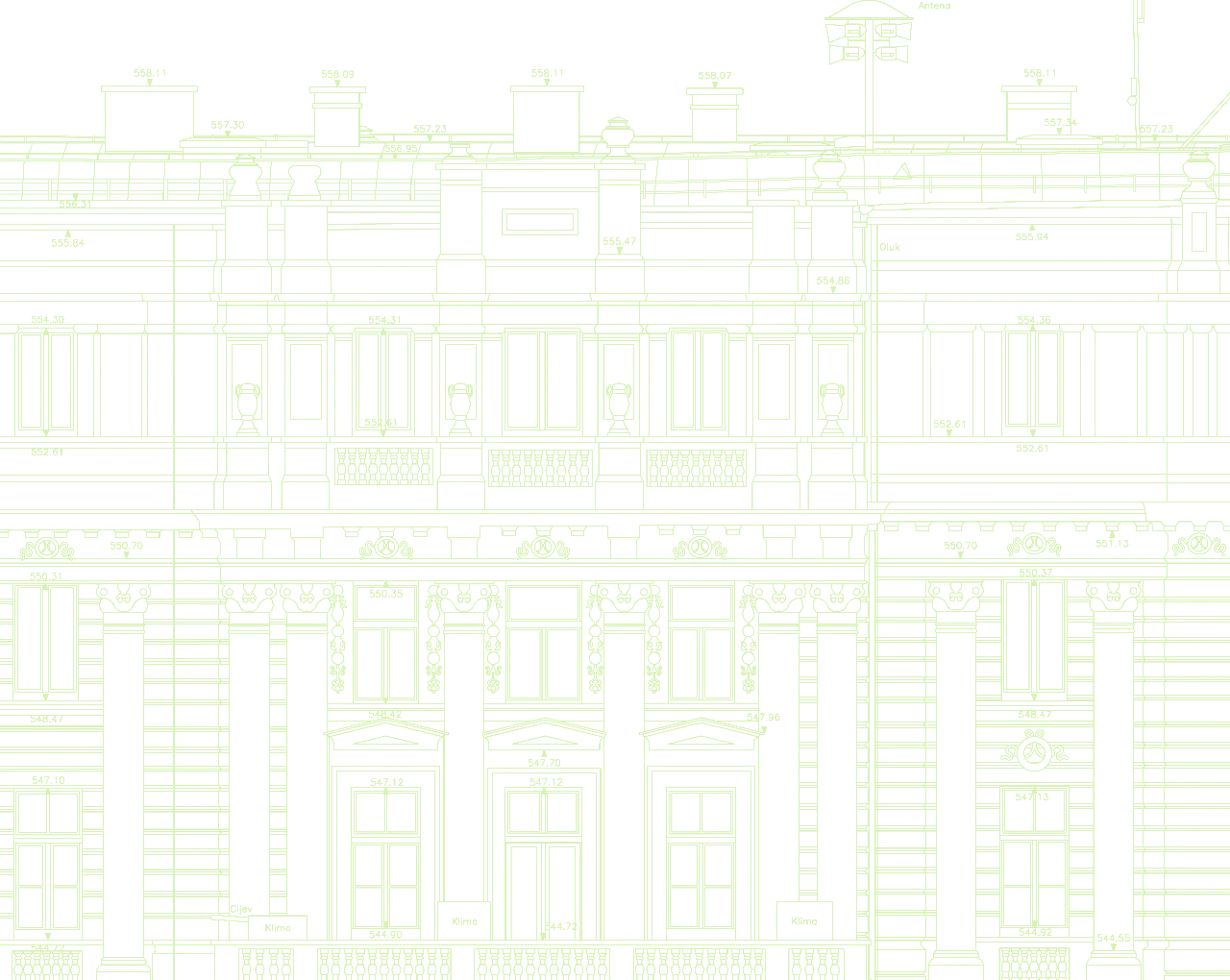 Upper facade and roofline of a detailed measured building elevation