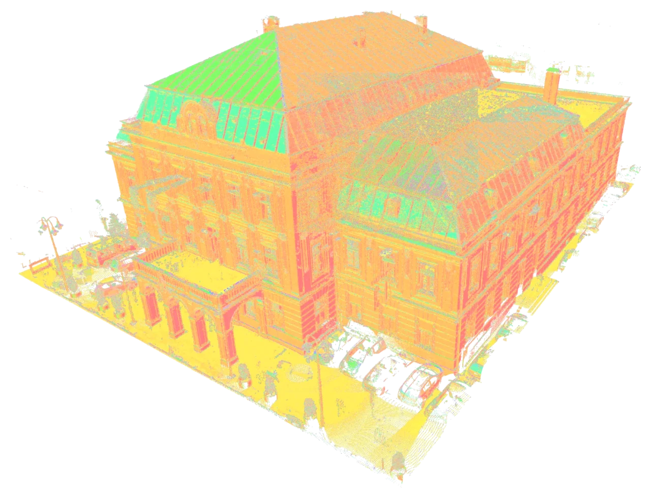 Registered building point cloud showing architectural details
